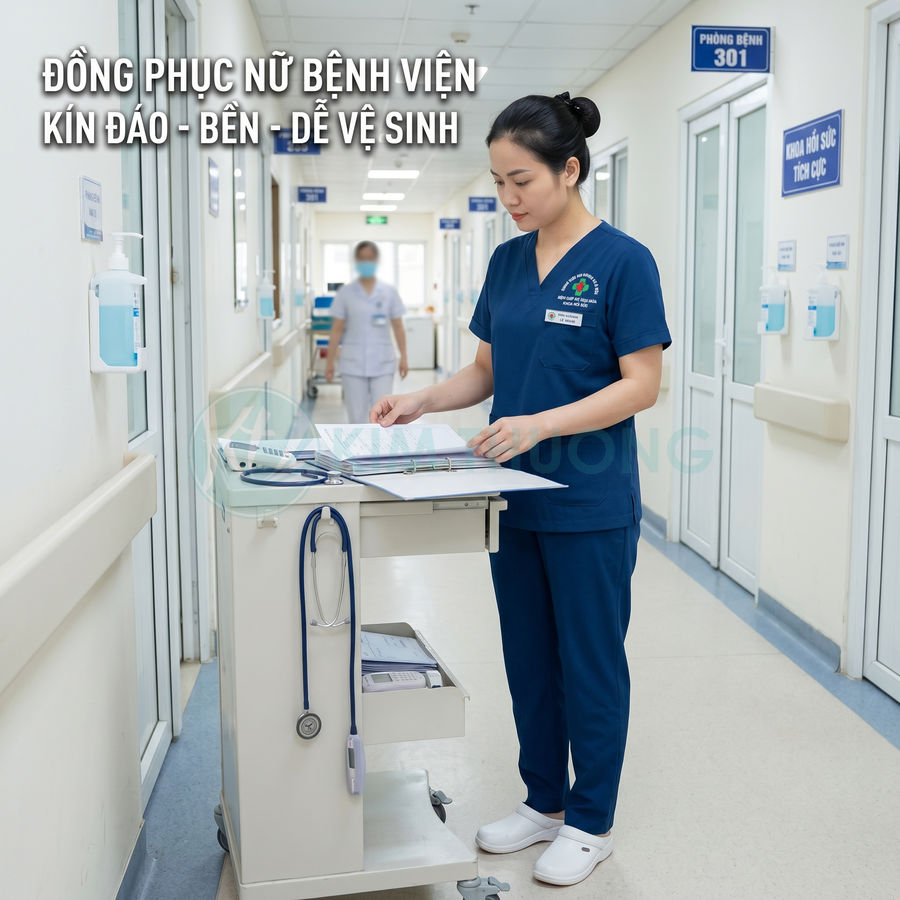 Nữ y tá mặc đồng phục bệnh viện màu xanh đậm đứng ghi chép bên xe đẩy y tế trong hành lang