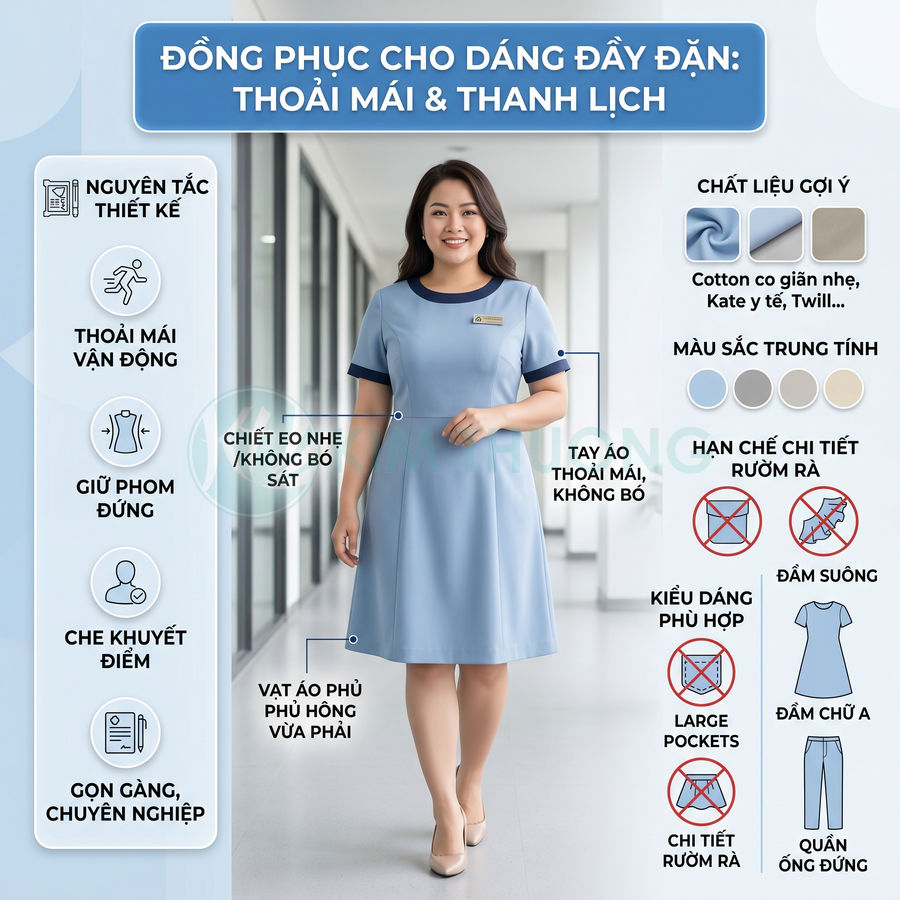 Đồng phục nữ công sở dáng suông màu xanh nhạt, tay ngắn viền xanh đậm, chất liệu cotton co giãn, phong cách thanh lịch
