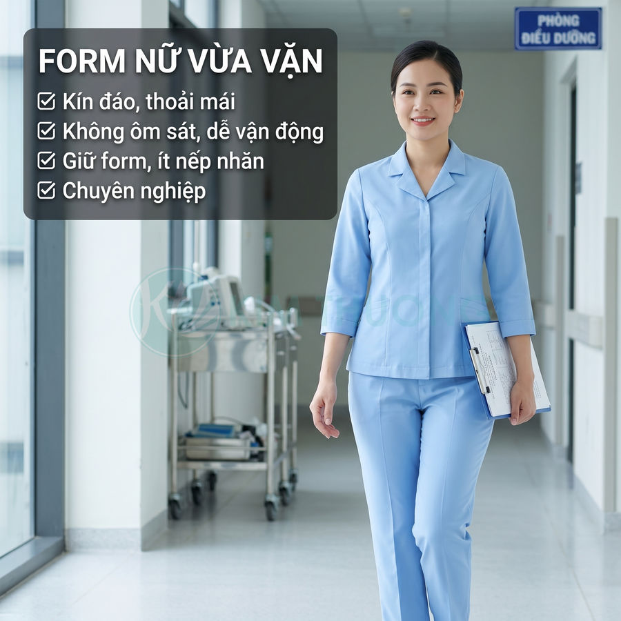 Đồng phục y tá nữ màu xanh nhạt form vừa vặn kín đáo chuyên nghiệp trong hành lang bệnh viện