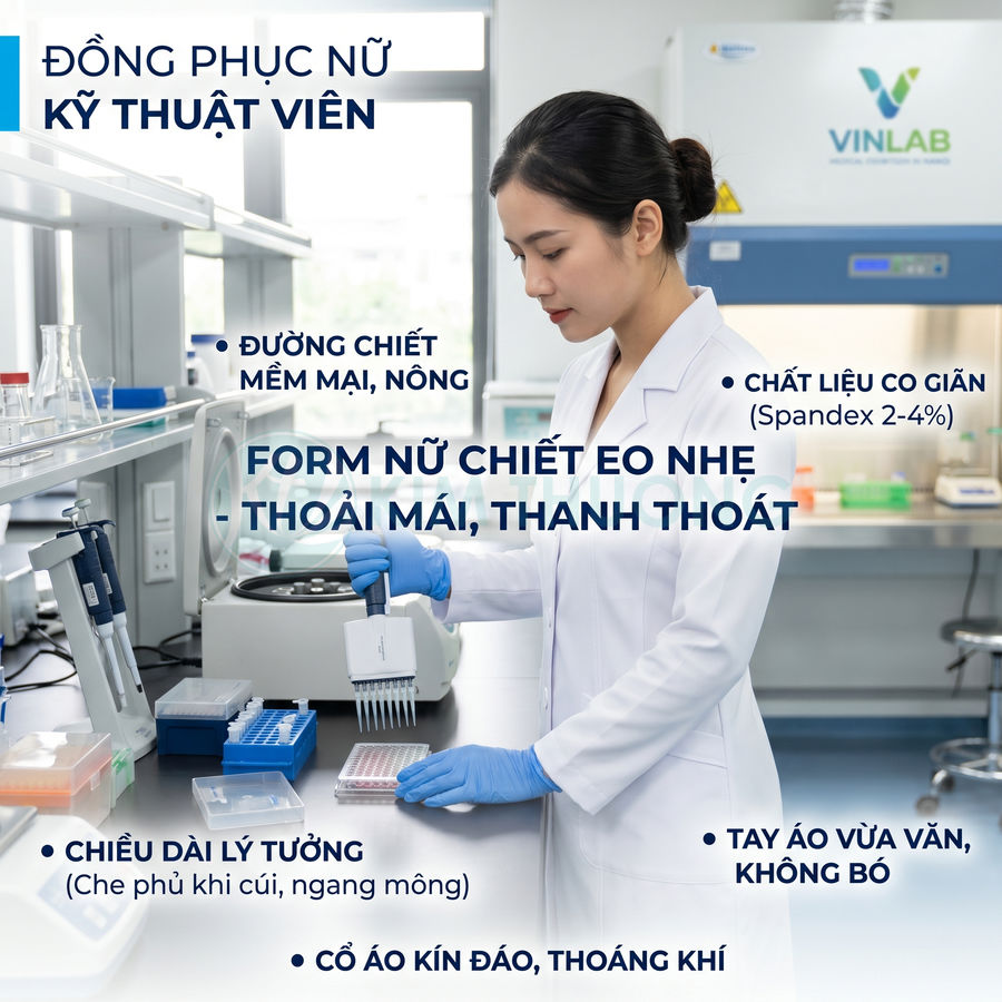 Đồng phục nữ kỹ thuật viên phòng thí nghiệm màu trắng, form chiết eo nhẹ, tay dài, chất liệu co giãn thoải mái