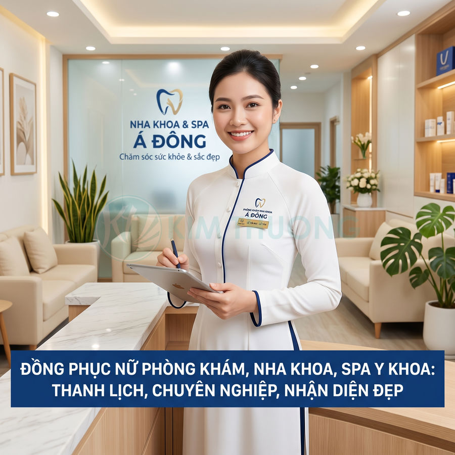 Nhân viên nữ mặc đồng phục trắng thanh lịch tại quầy lễ tân phòng khám nha khoa Á Đông