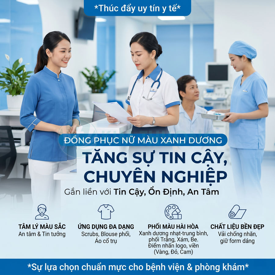 Đồng phục y tá nữ màu xanh dương hiện đại trong bệnh viện, thiết kế cổ đứng tay lửng chuyên nghiệp