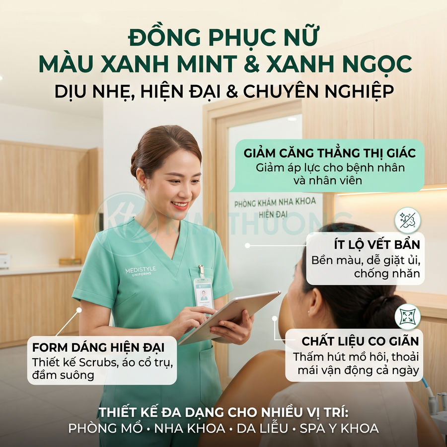 Đồng phục y tá nữ màu xanh mint Medistyle cổ trụ hiện đại, chất liệu co giãn ít nhăn trong phòng khám nha khoa