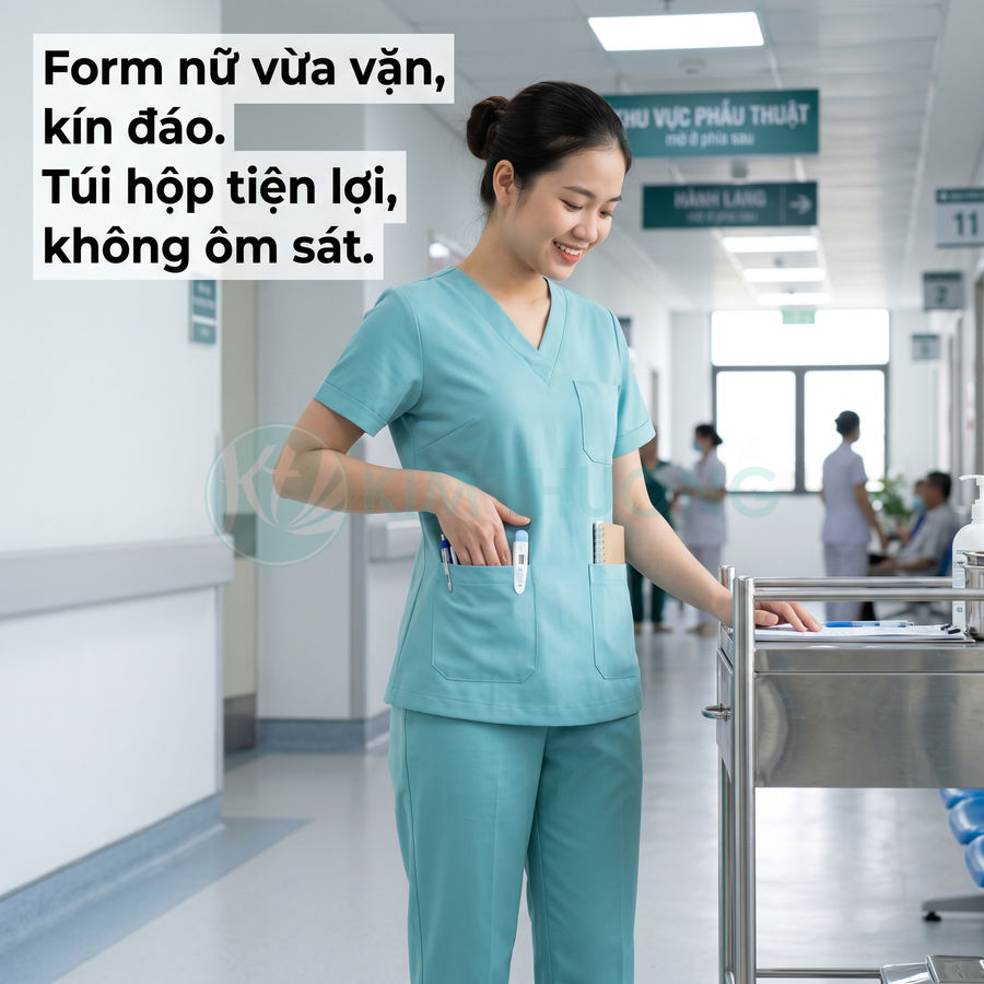 Nữ y tá mặc đồng phục scrub màu xanh ngọc túi hộp rộng rãi trong hành lang bệnh viện