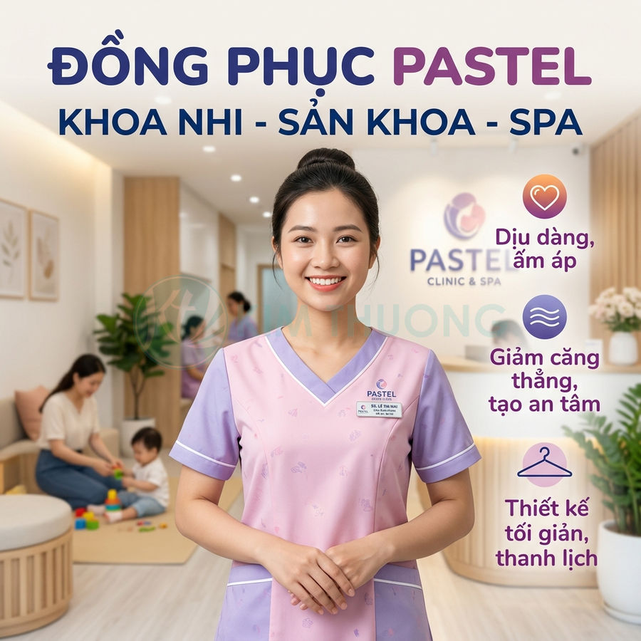 Đồng phục y tá Pastel màu hồng tím cho khoa nhi sản khoa spa, thiết kế tối giản thanh lịch, tạo cảm giác dịu dàng an tâm