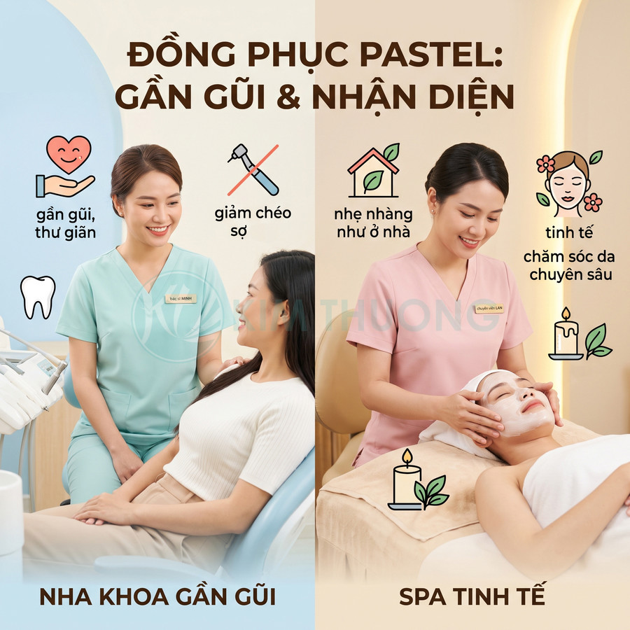 Đồng phục y tế màu pastel cho nha khoa và spa, nhân viên nữ tư vấn khách hàng và chăm sóc da mặt