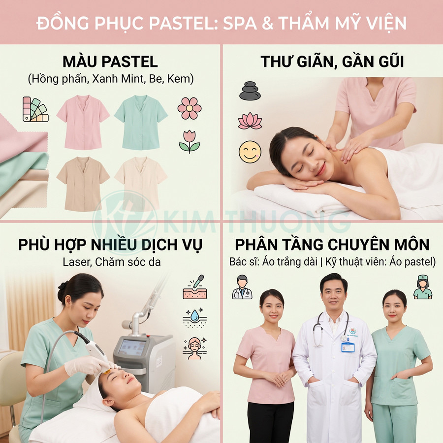 Đồng phục spa thẩm mỹ viện màu pastel cho bác sĩ và kỹ thuật viên, phù hợp chăm sóc da và massage thư giãn