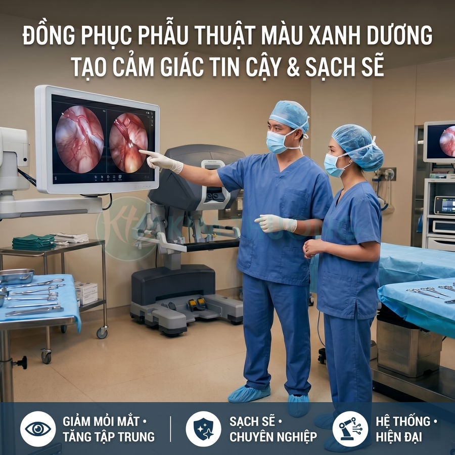 Bác sĩ mặc đồng phục phẫu thuật màu xanh dương đứng trong phòng mổ hiện đại xem hình ảnh nội soi trên màn hình