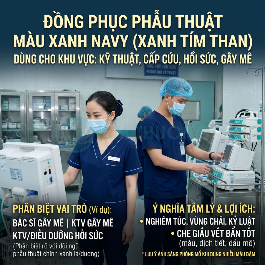 Đồng phục phẫu thuật màu xanh navy cho bác sĩ và điều dưỡng gây mê hồi sức trong phòng mổ hiện đại