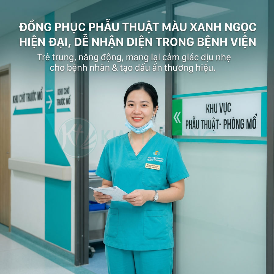 Nữ điều dưỡng mặc đồng phục phẫu thuật màu xanh ngọc hiện đại đứng trước khu vực phòng mổ bệnh viện