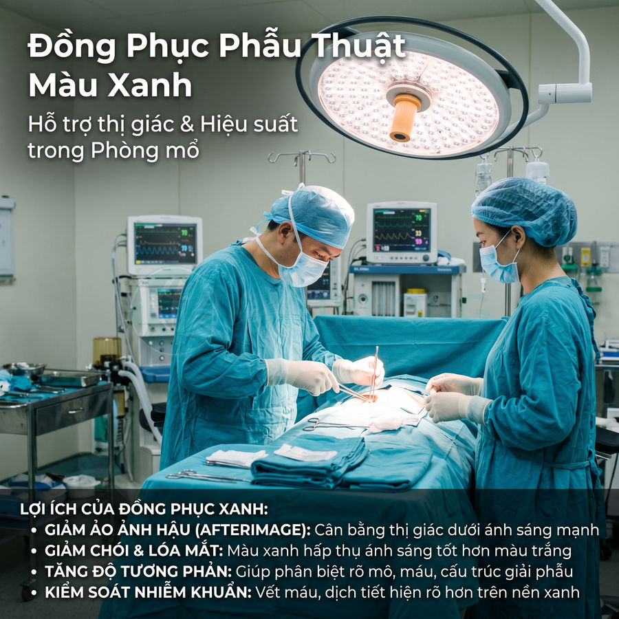 Bác sĩ phẫu thuật mặc đồng phục màu xanh đang thực hiện ca mổ trong phòng mổ hiện đại