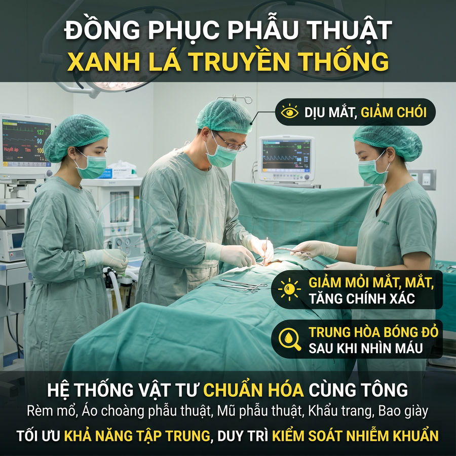 Bộ đồng phục phẫu thuật xanh lá truyền thống cho bác sĩ và y tá trong phòng mổ hiện đại