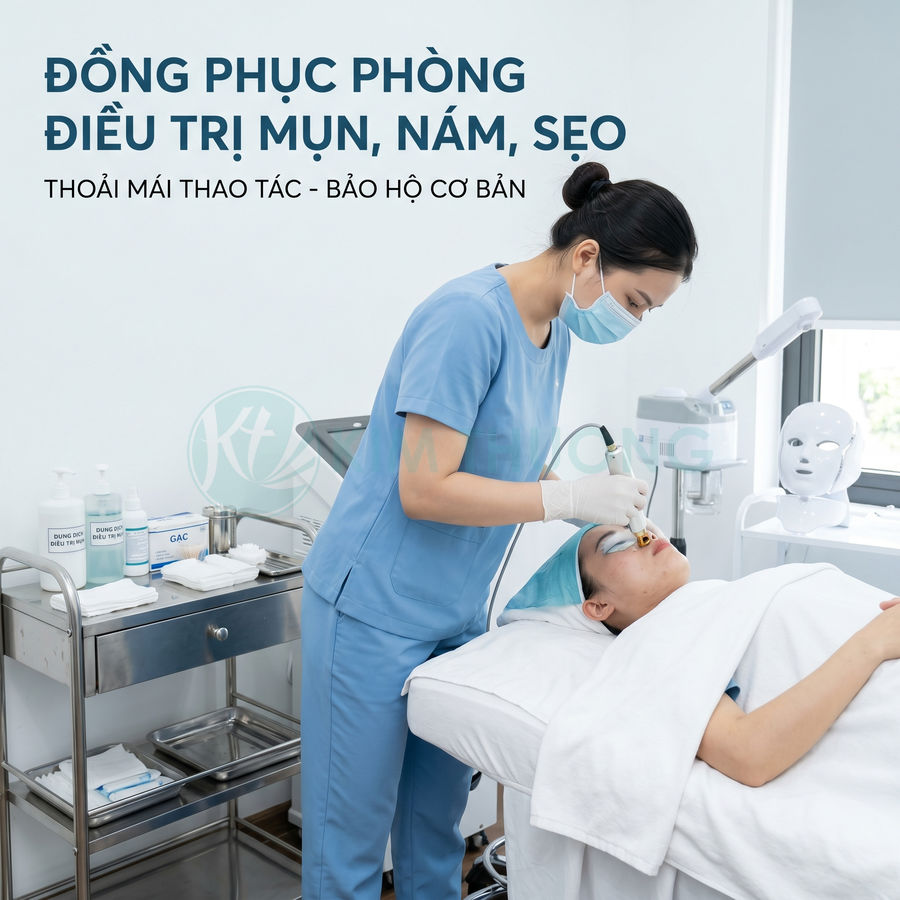 Nhân viên spa mặc đồng phục y tế xanh đang điều trị da mặt cho khách nằm trên giường spa