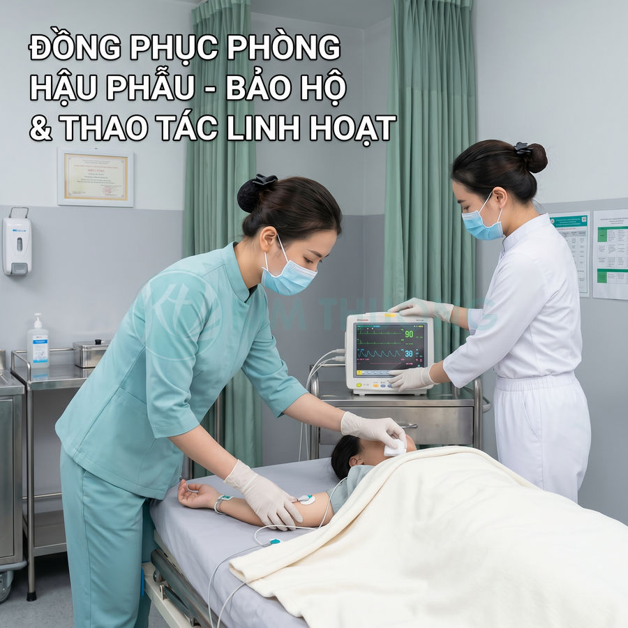 Đồng phục y tá phòng hậu phẫu màu xanh nhạt, thiết kế kín đáo hỗ trợ thao tác chăm sóc bệnh nhân