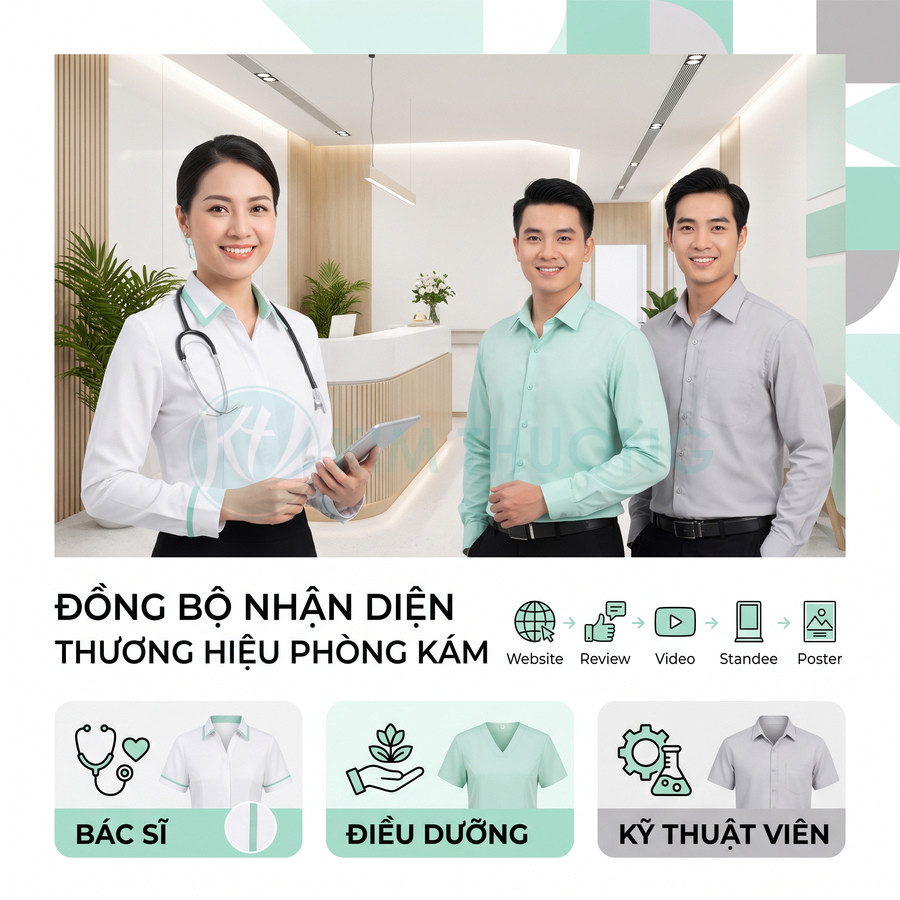 Đồng phục bác sĩ, điều dưỡng và kỹ thuật viên màu trắng xanh tại sảnh phòng khám hiện đại