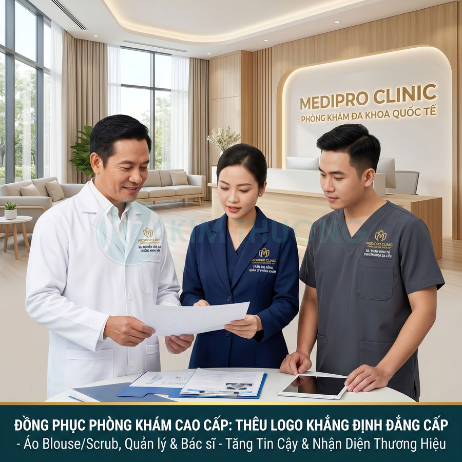 Đồng phục phòng khám Medipro Clinic cao cấp với áo blouse và scrub thêu logo chuyên nghiệp
