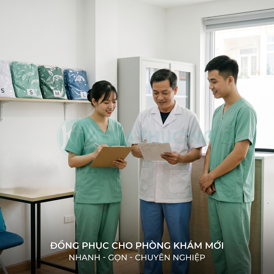 Bộ đồng phục y tá màu xanh cho phòng khám, nhân viên y tế mặc thử và trao đổi hồ sơ bệnh án