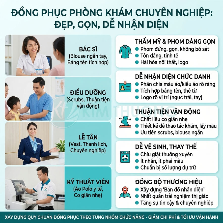 Mẫu đồng phục phòng khám chuyên nghiệp cho bác sĩ, điều dưỡng, lễ tân và kỹ thuật viên với thiết kế gọn gàng dễ nhận diện