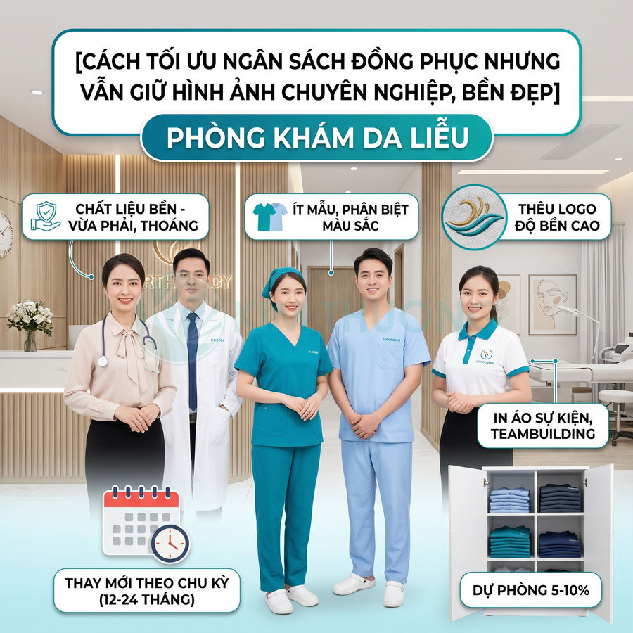 Nhân viên phòng khám da liễu mặc đồng phục y tế và áo polo chuyên nghiệp trong không gian hiện đại