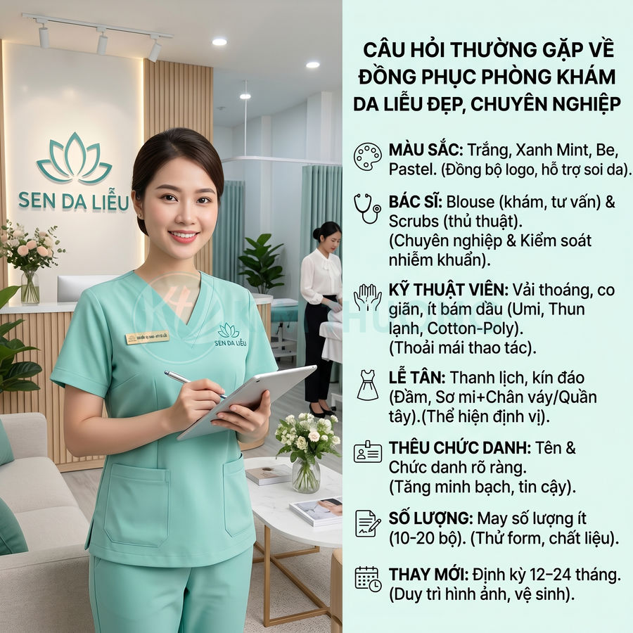Nữ nhân viên phòng khám da liễu Sen Da Liễu mặc đồng phục xanh mint cầm tablet trong không gian hiện đại