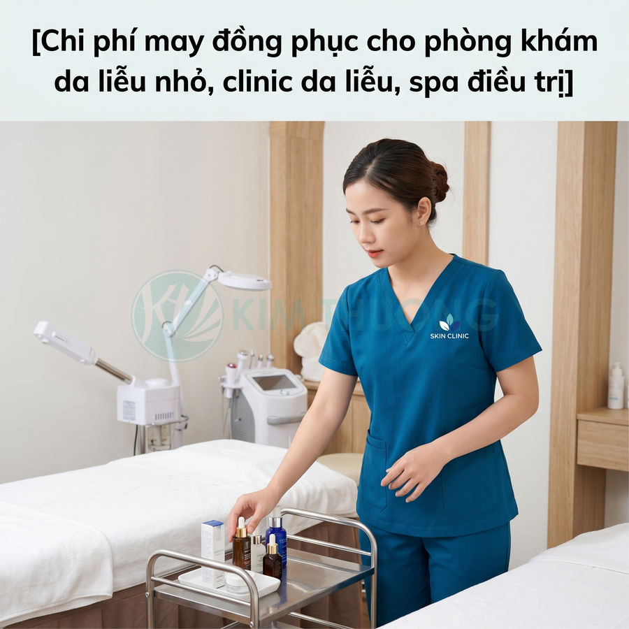 Nhân viên spa mặc đồng phục màu xanh dương SKIN CLINIC đang sắp xếp mỹ phẩm trên xe đẩy trong phòng điều trị