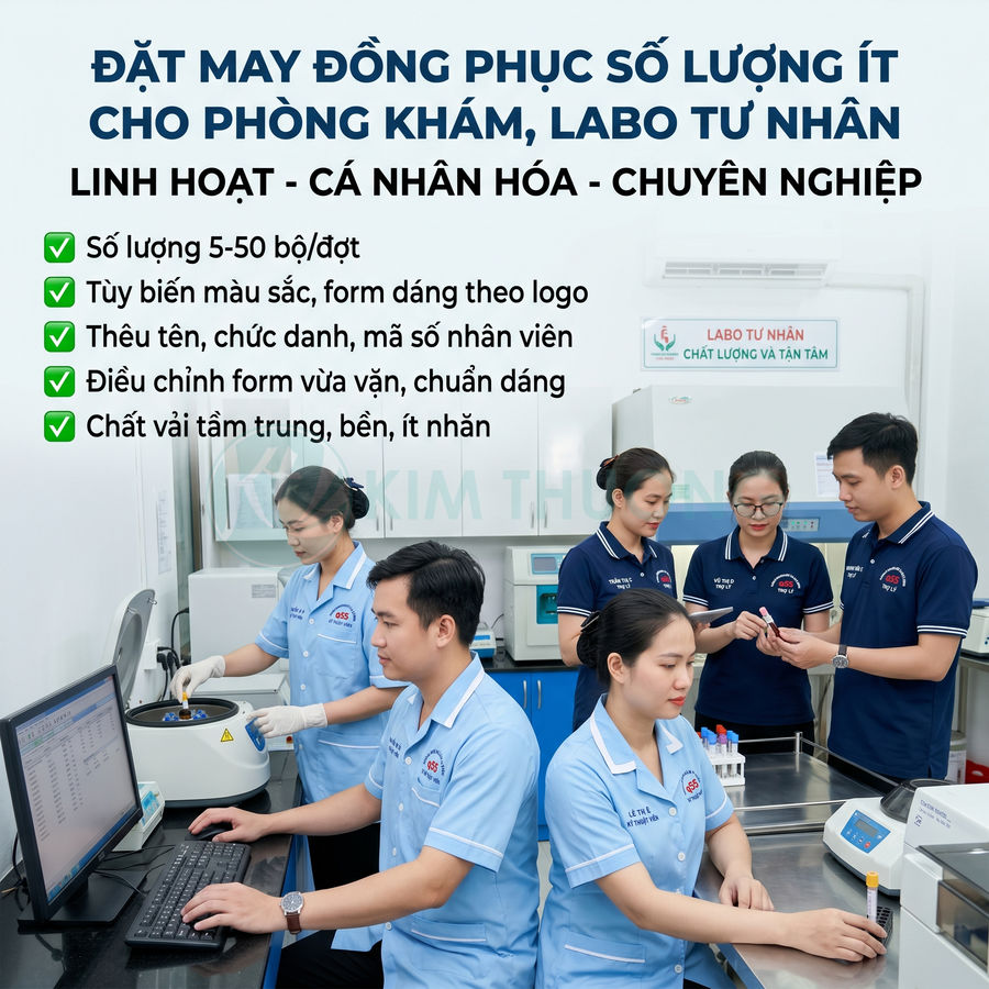 Nhân viên phòng khám mặc đồng phục y tế màu xanh và navy đang làm việc trong labo hiện đại