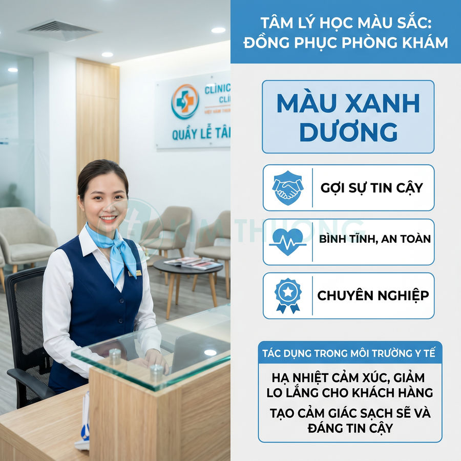 Nhân viên lễ tân phòng khám mặc đồng phục màu xanh dương chuyên nghiệp ngồi tại quầy tiếp đón khách hàng