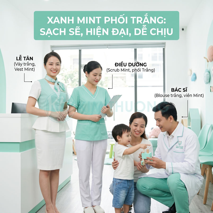 Nhân viên lễ tân, điều dưỡng và bác sĩ mặc đồng phục xanh mint trắng trong phòng khám nha khoa hiện đại