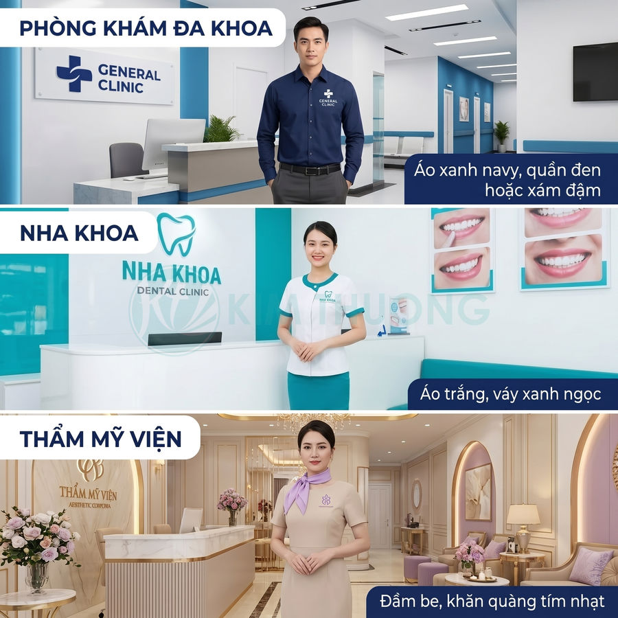 Đồng phục nhân viên phòng khám đa khoa, nha khoa và thẩm mỹ viện với thiết kế chuyên nghiệp, màu sắc khác nhau
