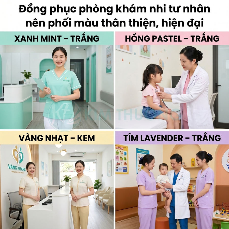 Các mẫu đồng phục phòng khám nhi tư nhân với gam màu xanh mint, hồng pastel, vàng nhạt và tím lavender hiện đại