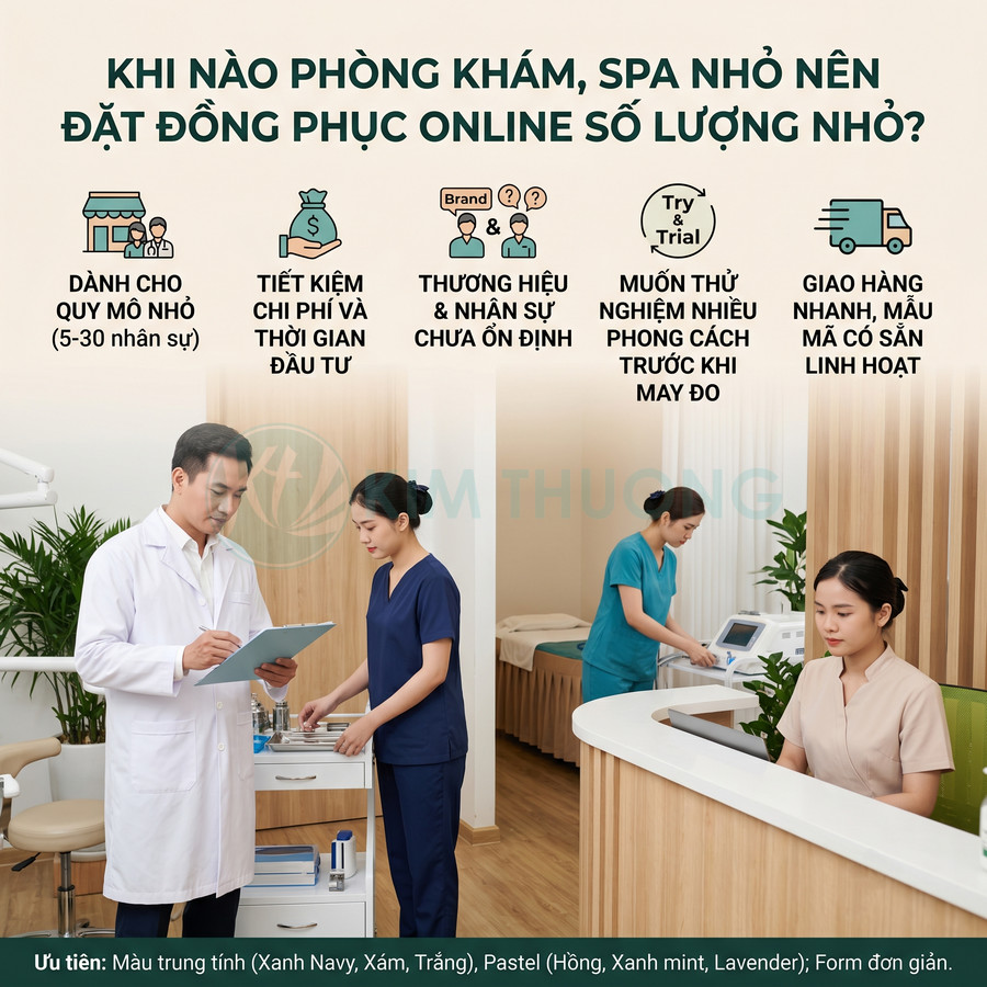 Nhân viên y tế và lễ tân spa mặc đồng phục phòng khám màu trung tính, làm việc trong không gian hiện đại sạch sẽ