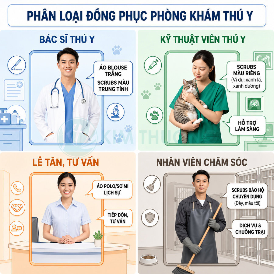 Các loại đồng phục phòng khám thú y cho bác sĩ, kỹ thuật viên, lễ tân và nhân viên chăm sóc