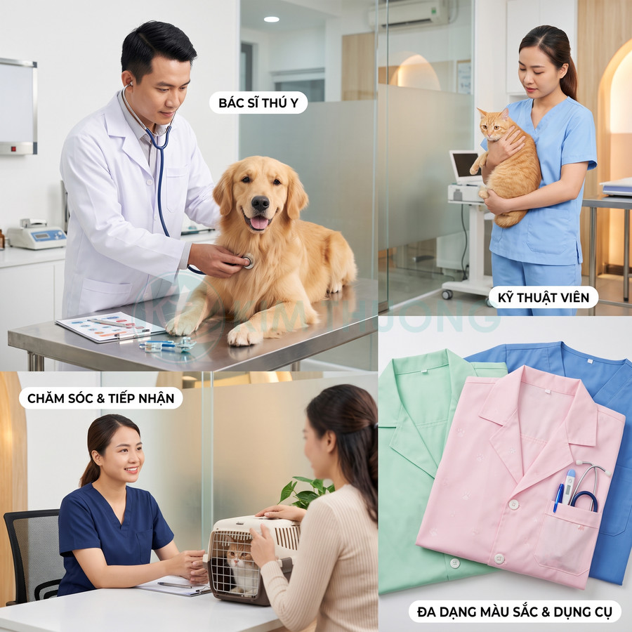 Đồng phục y tế nhiều màu cho bác sĩ thú y và nhân viên chăm sóc thú cưng trong phòng khám hiện đại