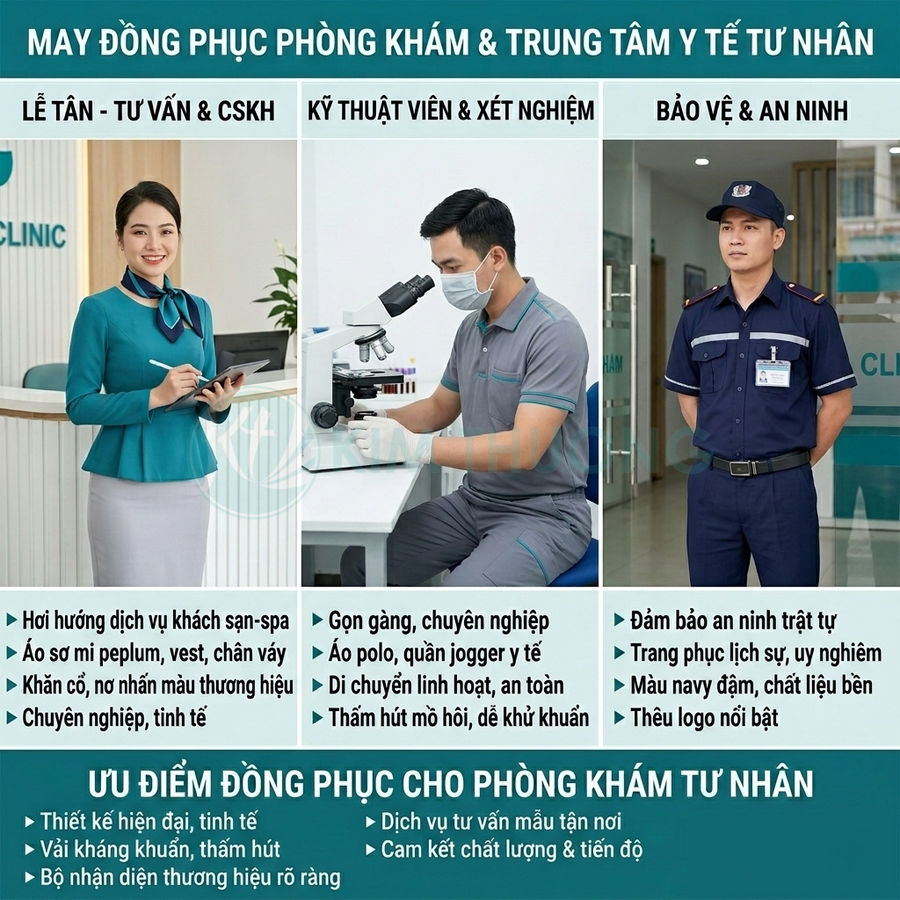 Đồng phục phòng khám tư nhân cho lễ tân, kỹ thuật viên xét nghiệm và bảo vệ với thiết kế hiện đại, chuyên nghiệp