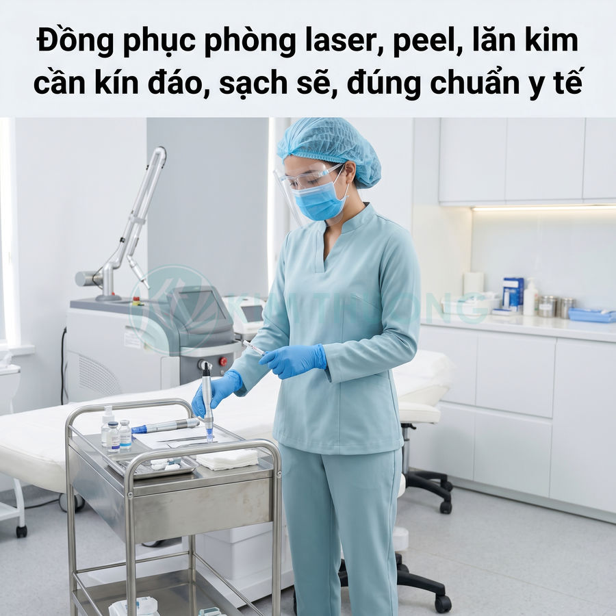 Nhân viên spa mặc đồng phục y tế kín đáo, đeo khẩu trang găng tay chuẩn bị dụng cụ điều trị laser