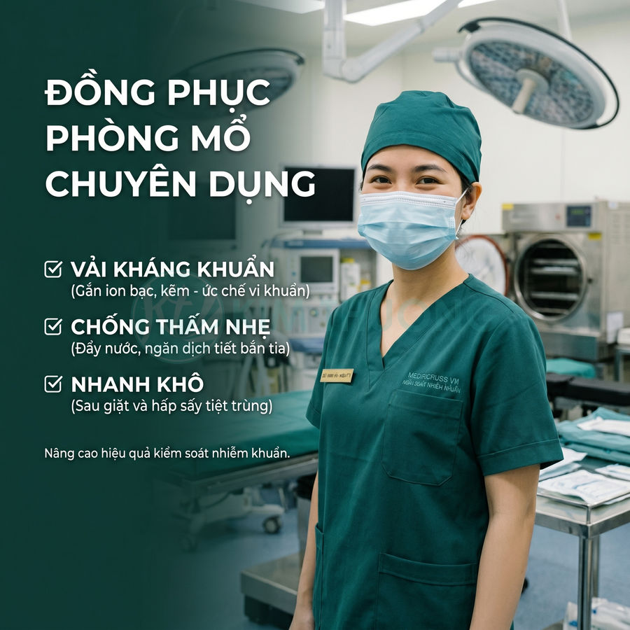 Đồng phục phòng mổ chuyên dụng màu xanh, vải kháng khuẩn chống thấm nhẹ, nhanh khô cho nhân viên y tế