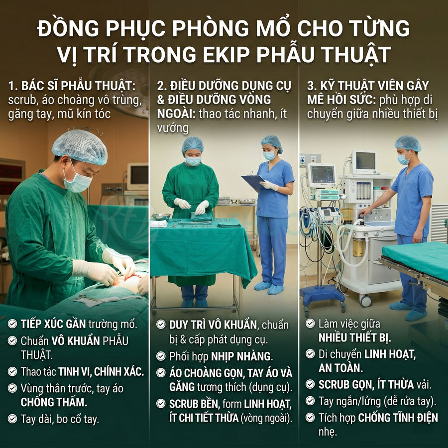 Đồng phục phòng mổ cho bác sĩ phẫu thuật, điều dưỡng và kỹ thuật viên gây mê trong bệnh viện