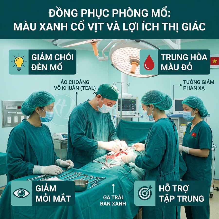 Bác sĩ phẫu thuật mặc đồng phục phòng mổ màu xanh cổ vịt đang mổ trên bàn với ga trải xanh