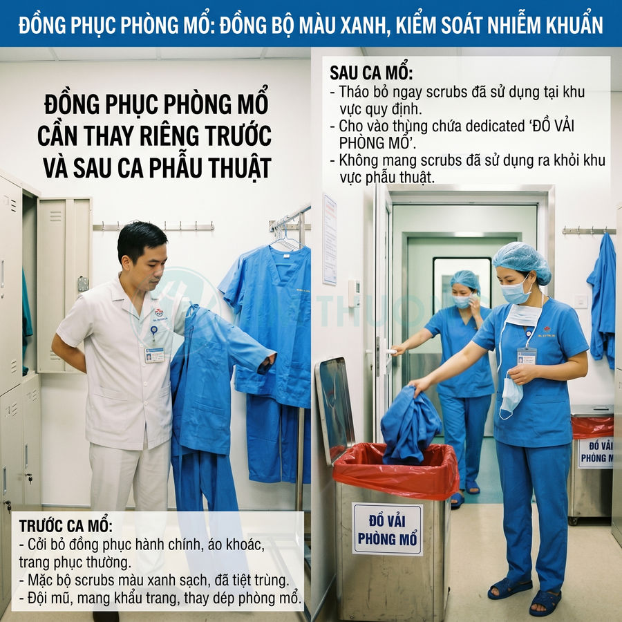 Nhân viên y tế thay và bỏ đồng phục phòng mổ màu xanh vào thùng vải chuyên dụng sau ca phẫu thuật