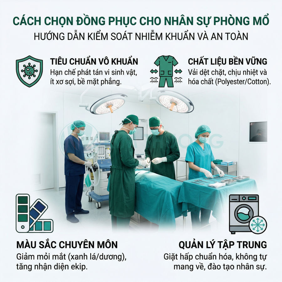 Đồng phục phẫu thuật màu xanh cho ekip bác sĩ trong phòng mổ hiện đại, đảm bảo vô khuẩn và an toàn