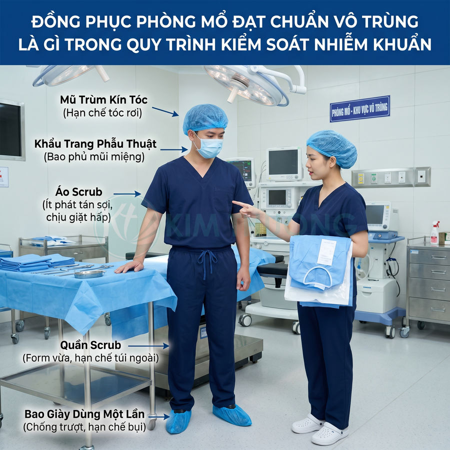 Bộ đồng phục phòng mổ vô trùng gồm mũ trùm tóc, khẩu trang, áo quần scrub và bao giày dùng một lần