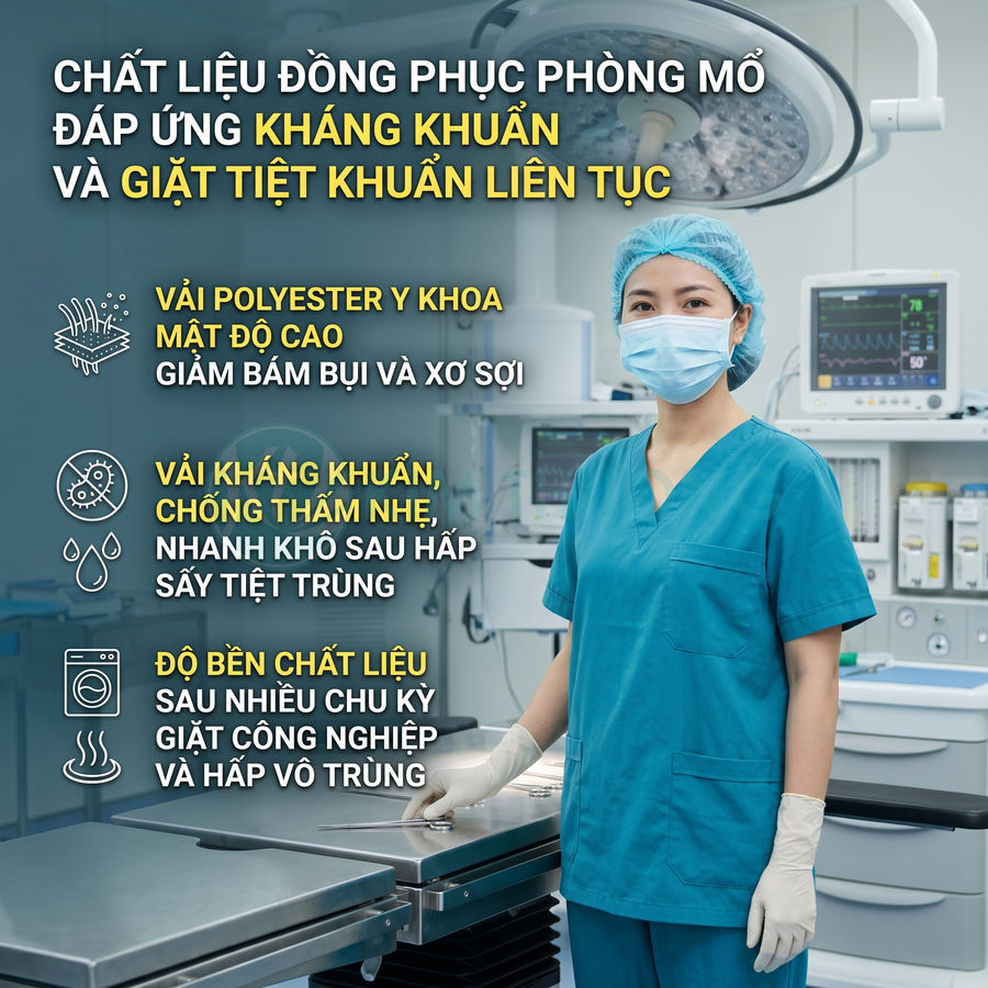Đồng phục phòng mổ vải polyester y khoa kháng khuẩn, chống thấm nhẹ, bền sau nhiều chu kỳ giặt tiệt trùng