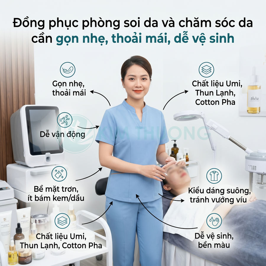 Đồng phục spa màu xanh cho nhân viên chăm sóc da, thiết kế suông gọn nhẹ, chất liệu umi thun lạnh cotton pha
