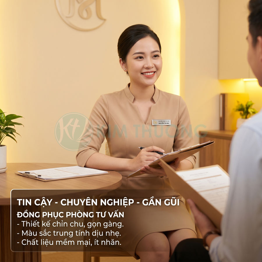 Nhân viên nữ mặc đồng phục phòng tư vấn màu be, cầm bút và bảng hồ sơ tư vấn khách hàng