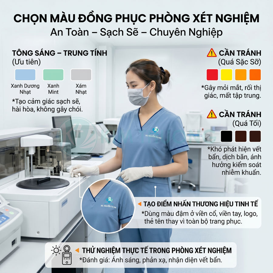 Nhân viên y tế mặc đồng phục xanh dương nhạt làm việc trong phòng xét nghiệm hiện đại