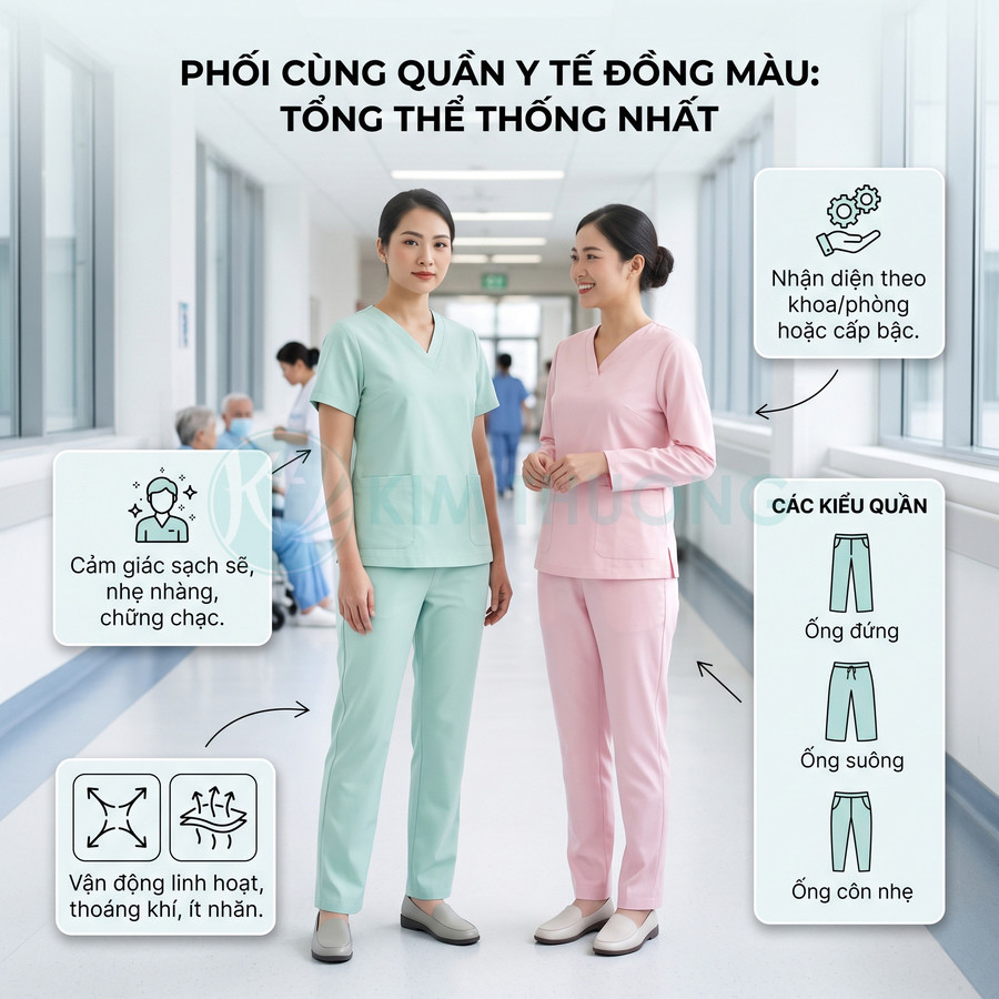 Đồng phục y tá nữ màu xanh mint và hồng pastel, dáng quần ống đứng, chất liệu thoáng khí trong hành lang bệnh viện