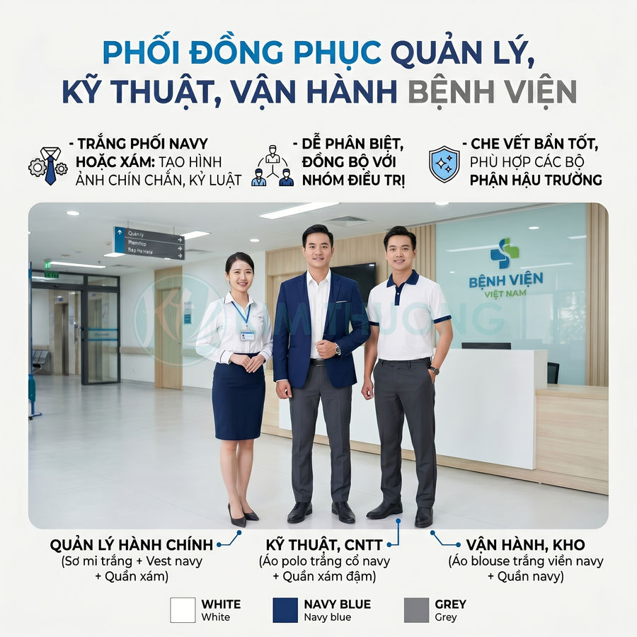 Nhân viên bệnh viện mặc đồng phục quản lý, kỹ thuật và vận hành với tông trắng navy xám tại sảnh lễ tân