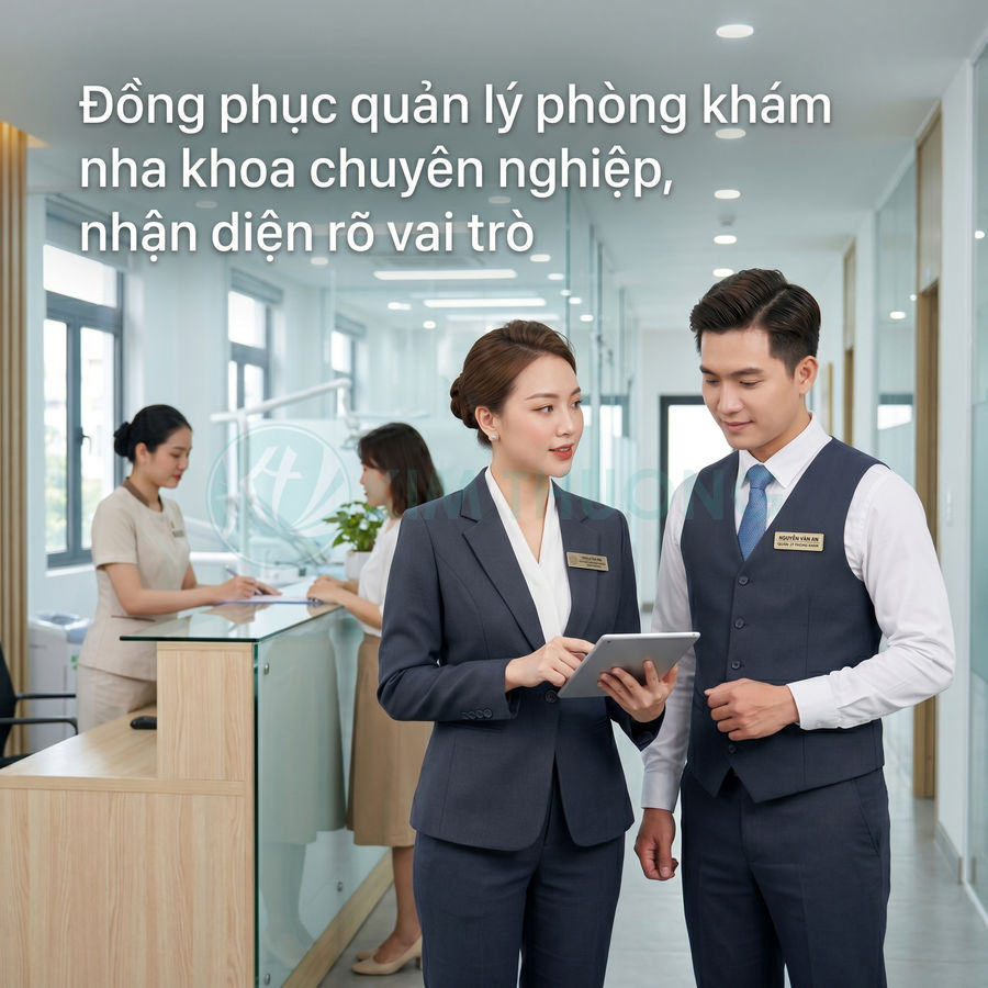 Đồng phục quản lý phòng khám nha khoa chuyên nghiệp màu xanh than, nhân viên trao đổi công việc bằng máy tính bảng