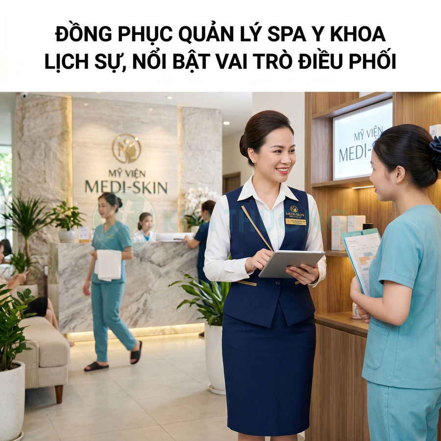 Đồng phục quản lý spa y khoa Medi Skin màu xanh navy lịch sự, phối áo sơ mi trắng và chân váy công sở