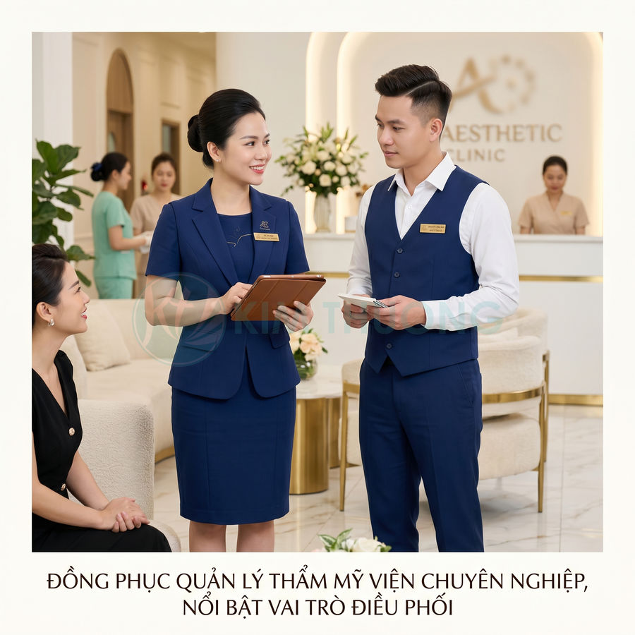 Đồng phục quản lý thẩm mỹ viện màu xanh navy sang trọng cho nam và nữ trong không gian tiếp đón khách